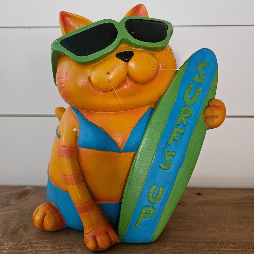 Surf's Up Cat Figurine Beach Coastal Decor Sunglasses Bikini Resin Statue 12"
